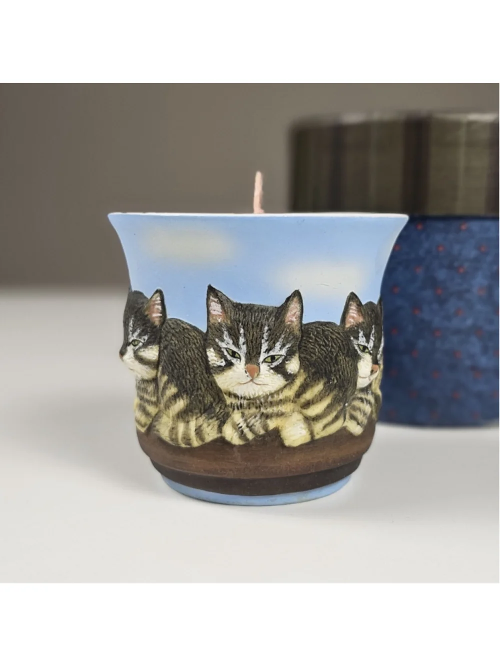 Vintage Lang Cat Votive Candle Holder w/ Box & Pink Candle Three Tabby Cats